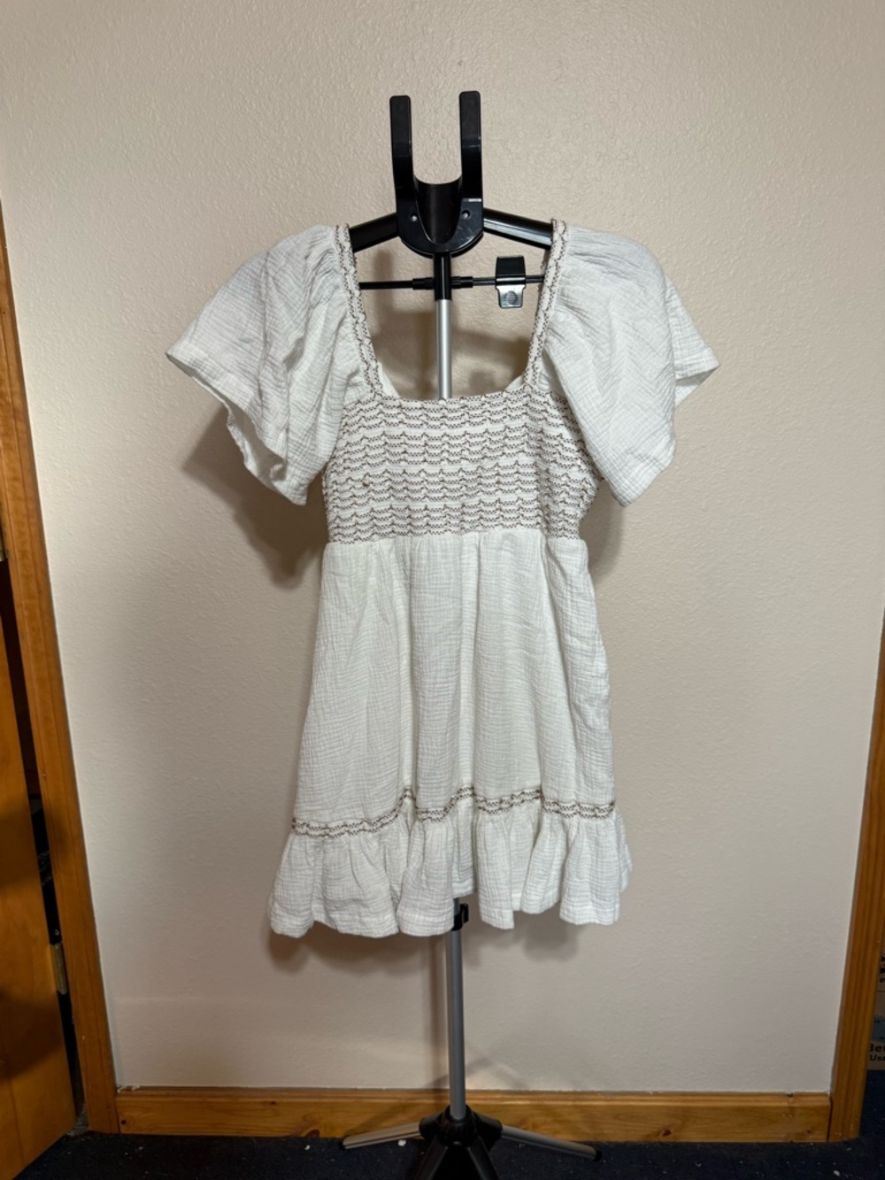 Papermoon White Textured Mini Dress with Brown Stitching